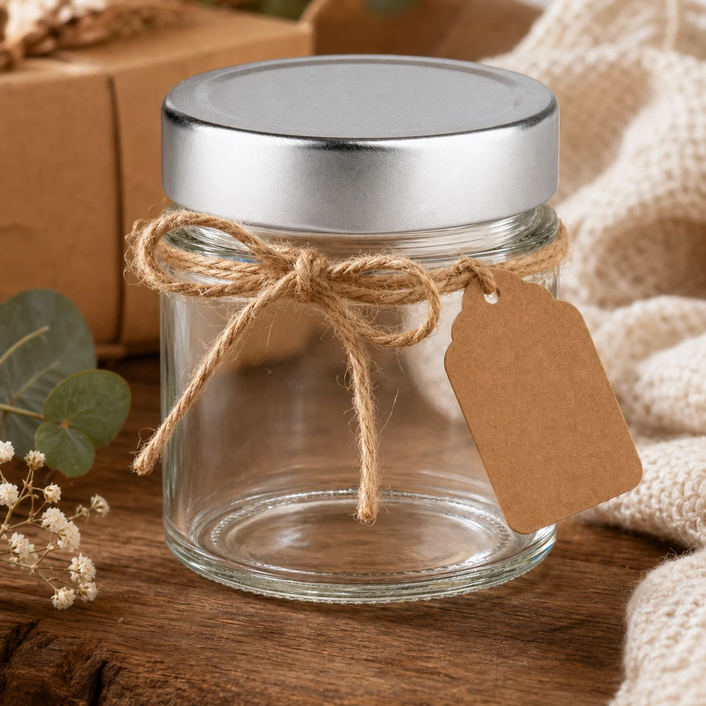 135ml Rundglas + BasicSeal Deckel silber deep UNiTWIST 135ml Rundglas mit silbernem Deckel dekorativ mit Juteschnur und Kraftpapier-Anhänger rustikale Geschenkverpackung