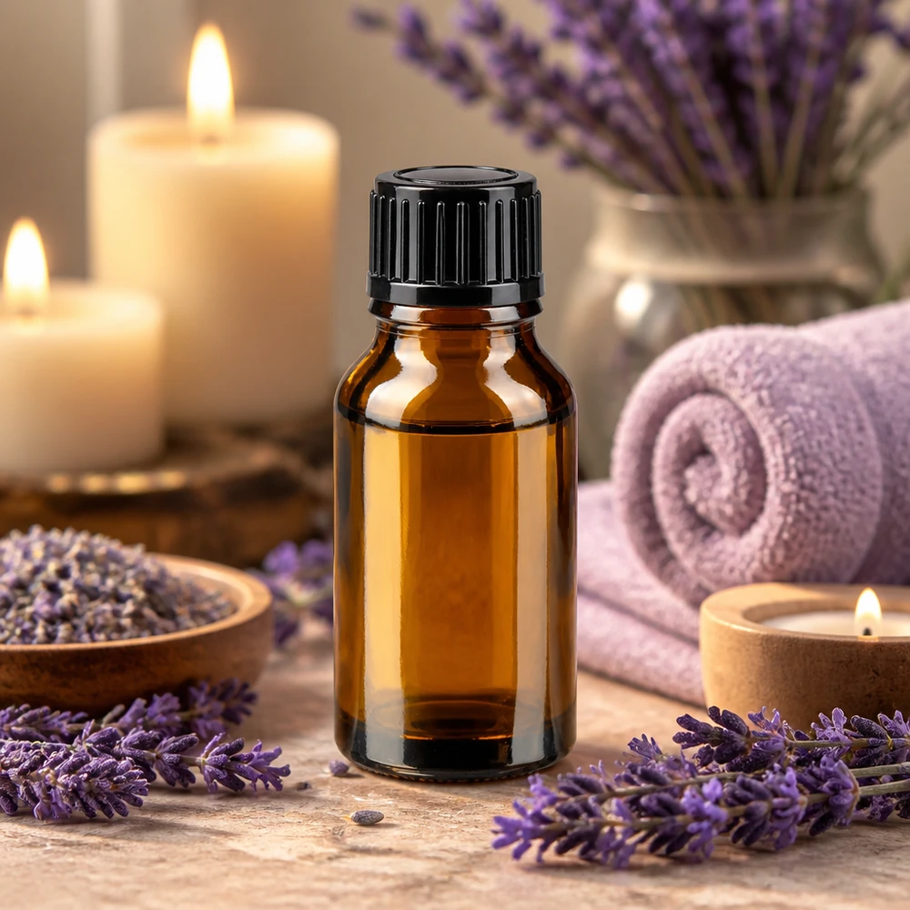 Medizinflasche 15ml UV-Schutz Braunglas schwarzer Schraubverschluss Lavendel Wellness Setup