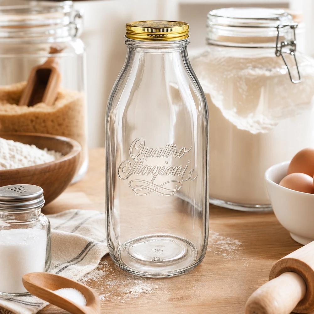 1000ml Glasflasche "Quattro Stagioni" mit Deckel Quattro Stagioni 1000ml Glasflasche in rustikaler Küche mit Backzutaten, Mehl, Eiern und Holzutensilien arrangiert