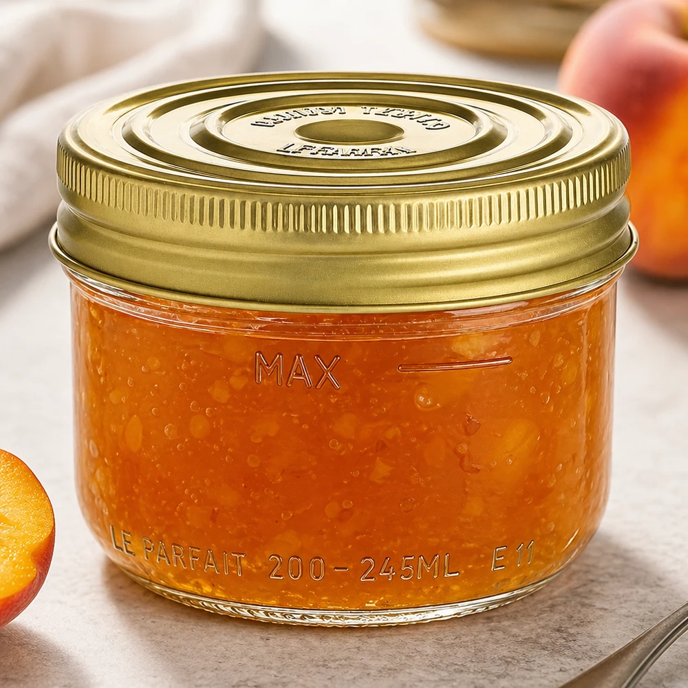 245ml Sturzglas Familia Wiss mit goldenem Schraubdeckel gefüllt mit orangefarbener Marmelade auf Holztisch