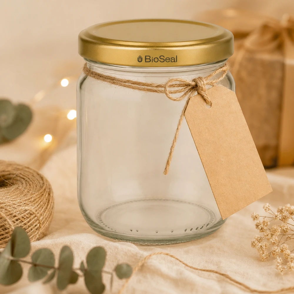 500g Honigglas mit goldenem Deckel BioSeal UNiTWIST Leeres 500g BioSeal Honigglas mit Geschenkanhänger und Juteschnur dekorativ arrangiert mit Trockenblüten