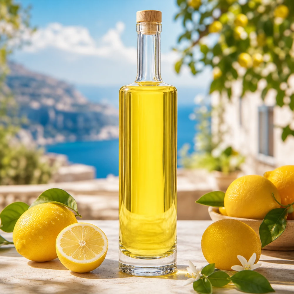 500ml Glasflasche Lina mit Holzkorken gefüllt mit gelbem Limoncello zwischen frischen Zitronen mediterrane Szenerie