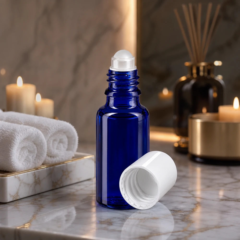 Apothekenflasche blau 20ml Roll-On Verschluss weiß 20ml Roll-On Flasche aus blauem Apothekenglas mit weißem Schraubverschluss in Wellnessumgebung
