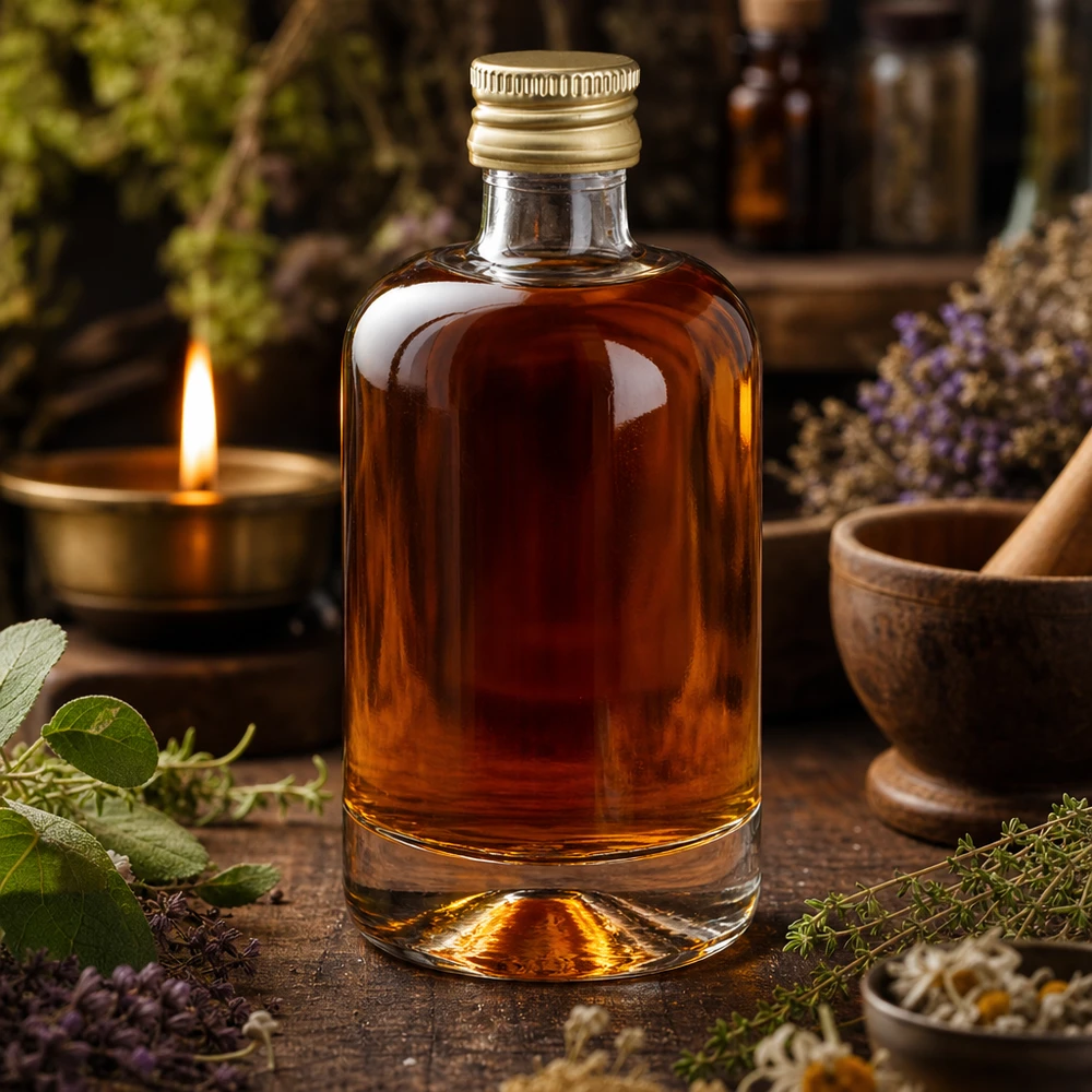 40ml Glasflasche Sara mit goldenem Verschluss gefüllt mit brauner Flüssigkeit in rustikalem Apotheker-Ambiente