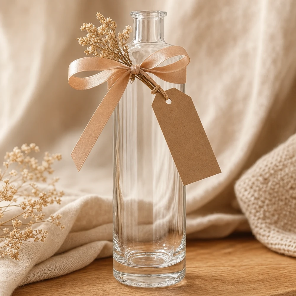 500ml Glasflasche Ella UNiTWIST als Geschenk dekoriert mit Satinband Anhänger getrockneten Blumen Deko-Styling