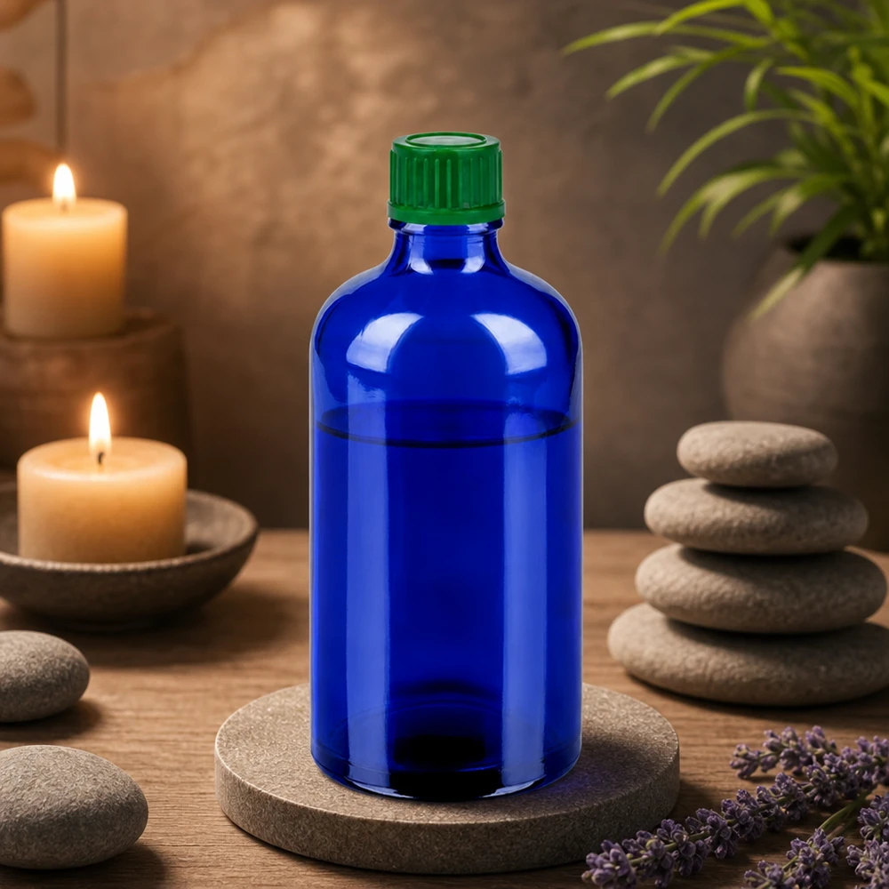 Lichtgeschützte blaue 100ml Glasflasche schützt empfindliche Inhalte vor UV Strahlung optimal