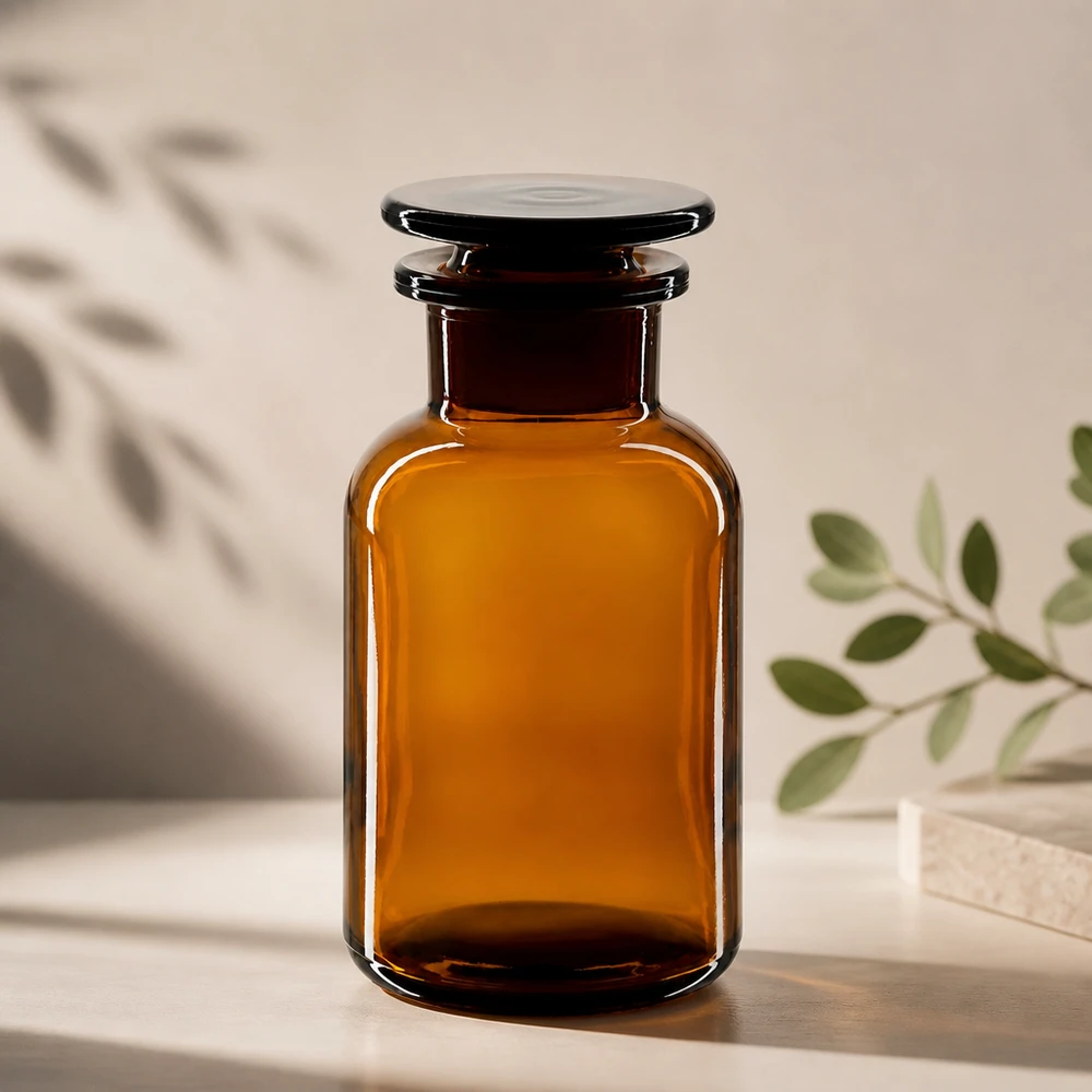 Rundschulterfl. 250ml braun Weithals Glasstopfen Lichtschutzflasche Glas 250ml Weithals braun flacher Glasstopfen für Pharmazie Kosmetik