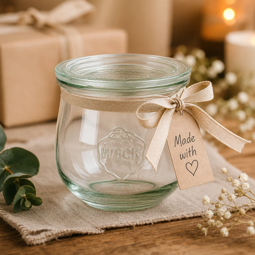 370ml Tulpenglas mit Glasdeckel WECK RR80 WECK Tulpenglas 370ml RR80 als Geschenk mit beiger Schleife und Made with Love Anhänger in festlicher Atmosphäre