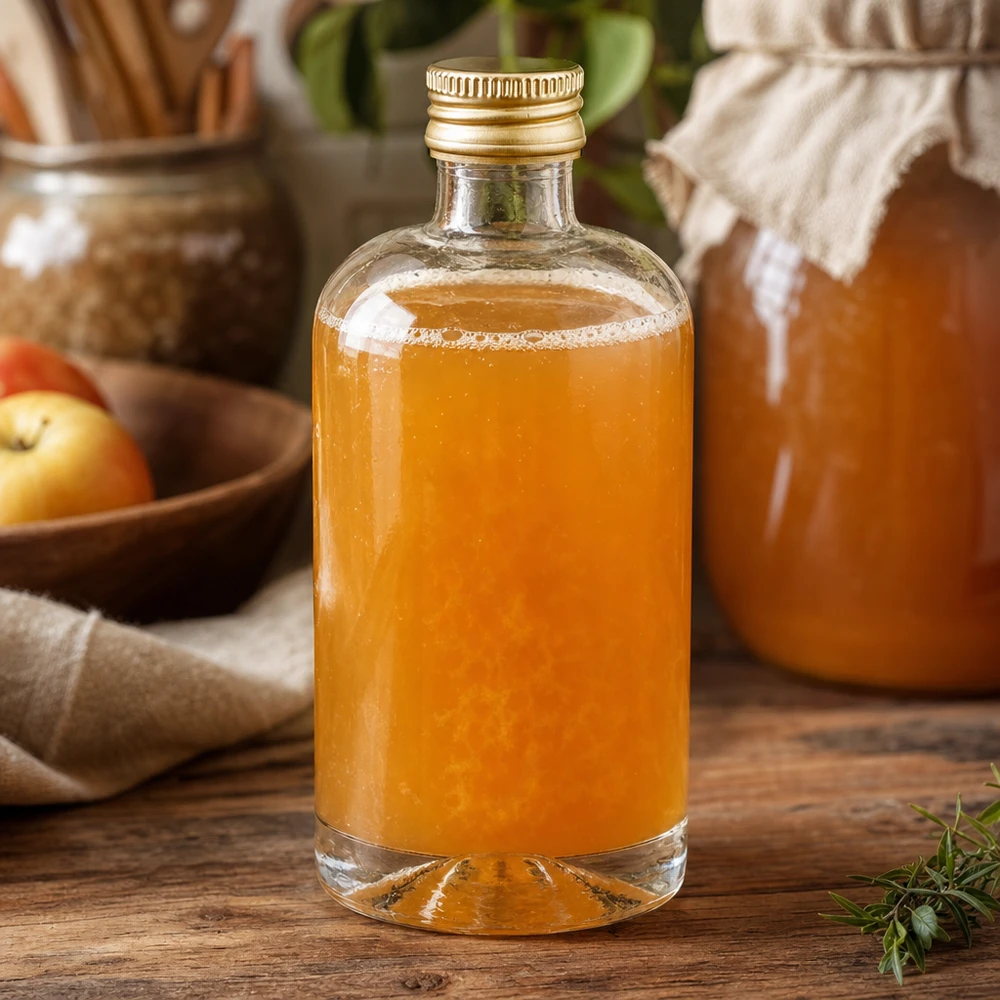 40ml Glasflasche "Sara" mit Schraubverschluss gold UNiTWIST 40ml Glasflasche Sara mit orangefarbenem Inhalt und goldenem UNiTWIST Verschluss auf rustikalem Holztisch mit Äpfeln