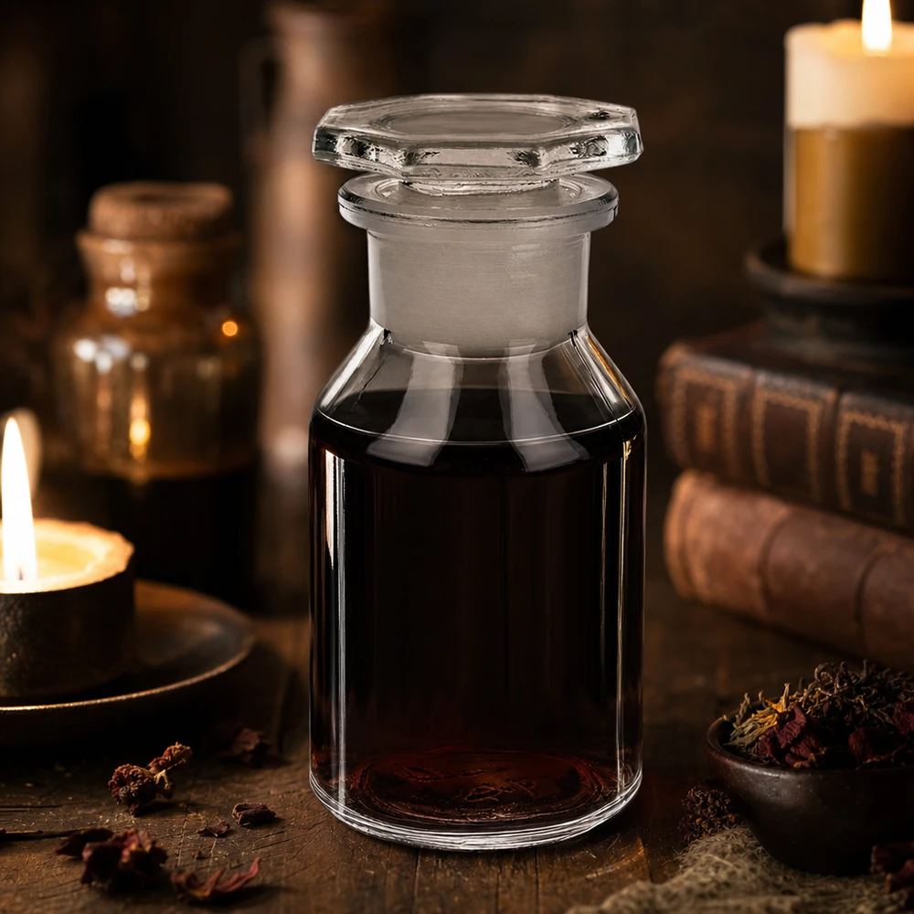 Kompakte Klarglasflasche 50ml Weithals mit Glasstopfen zur Aufbewahrung von Extrakten