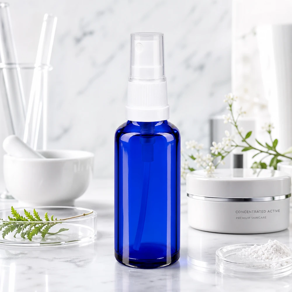 Apothekenflasche blau 30ml Sprayaufsatz weiß UV-Schutz Sprayflasche aus blauem Glas 30ml ideal für Seren Hydrolate und Raumsprays