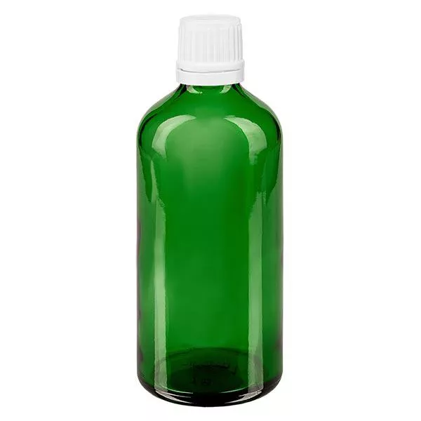 Apothekenflasche grün 100ml Tropfverschluss 1.2mm weiß Originalitätsverschluss Apothekenflasche grün 100ml Tropfverschluss 1.2mm weiß Originalitätsverschluss