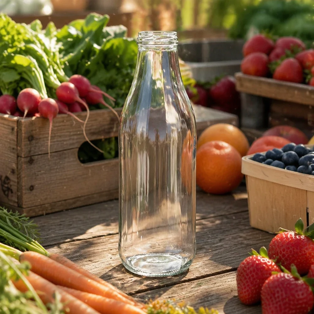 1000ml UNiTWIST Glasflasche TO48 leer auf Holztisch mit frischem Obst und Gemüse Outdoor Szenerie Naturlook