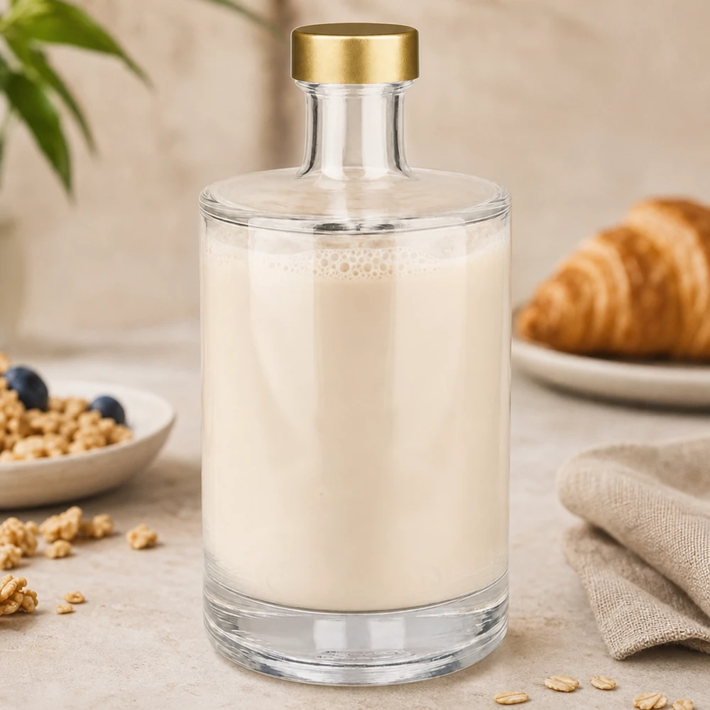 500ml Glasflasche Sam mit weißer Milch befüllt goldener UNiTWIST Verschluss frisches Frühstück Setting Croissants