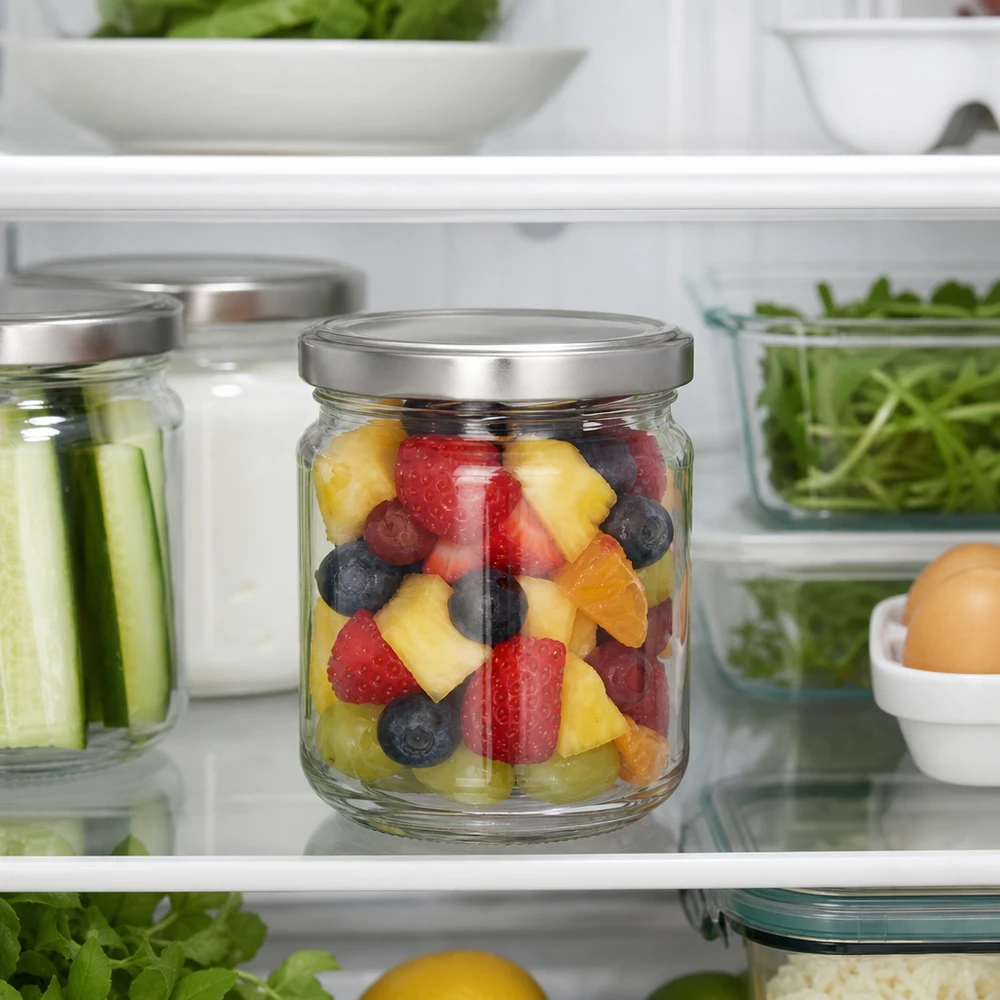 212ml Rundglas mit BasicSeal Deckel im Kühlschrank gefüllt mit frischem Obstsalat zeigt optimale Frischhaltung