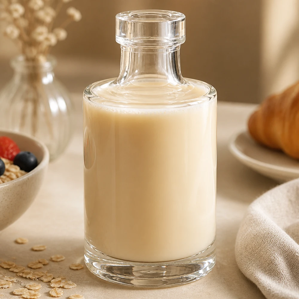 100ml Glasflasche "Marie" ohne Verschluss UNiTWIST 100ml Glasflasche Marie mit cremigem Inhalt in stilvoller Küchenumgebung mit Müsli und Haferflocken als Deko