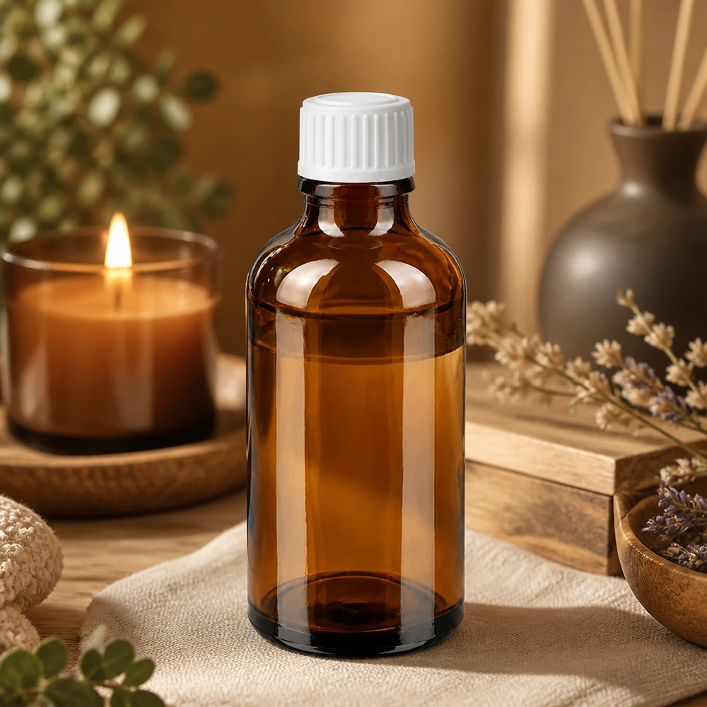 Kleine 50ml Glasflasche in Bernsteinfarbe mit weißem Tropfverschluss für Heilkräuteröle