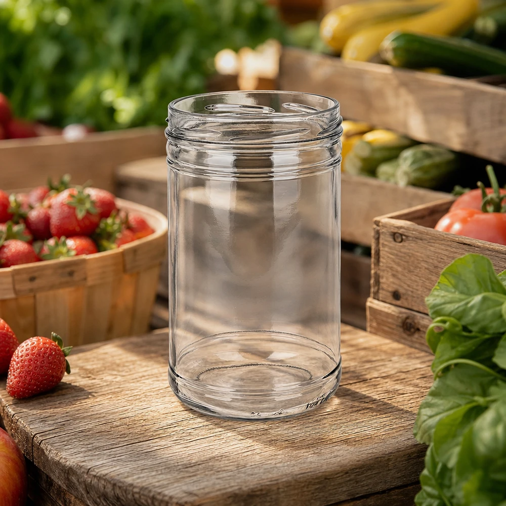 1053ml Sturzglas ohne Deckel (TO100) UNiTWIST UNiTWIST Sturzglas 1053ml TO100 leeres Einmachglas zwischen frischem Gemüse und Erdbeeren auf Holzbrett in Küche