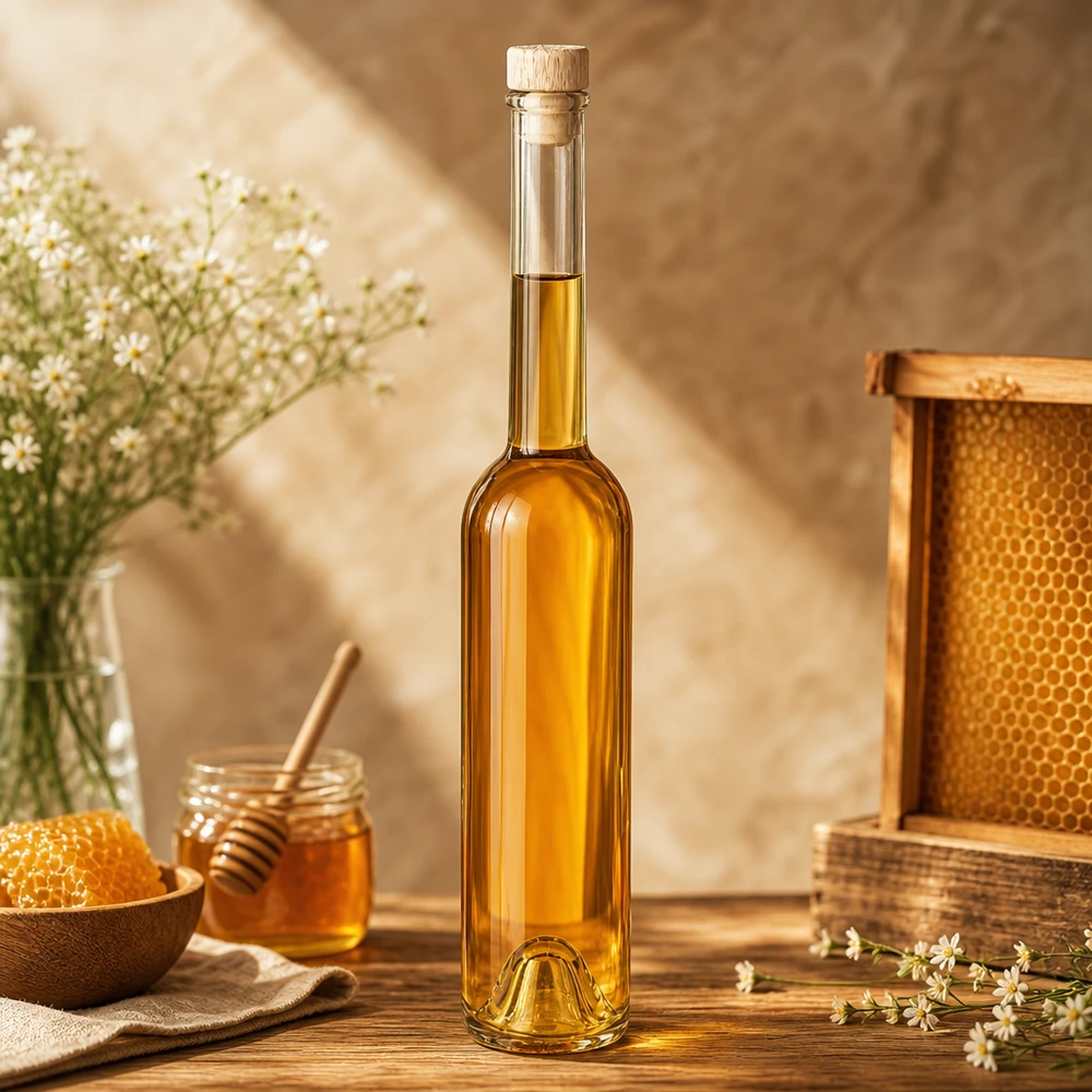 100ml Glasflasche Hugo mit Honig gefüllt in rustikaler Deko-Szene mit Bienenwaben und weißen Blüten