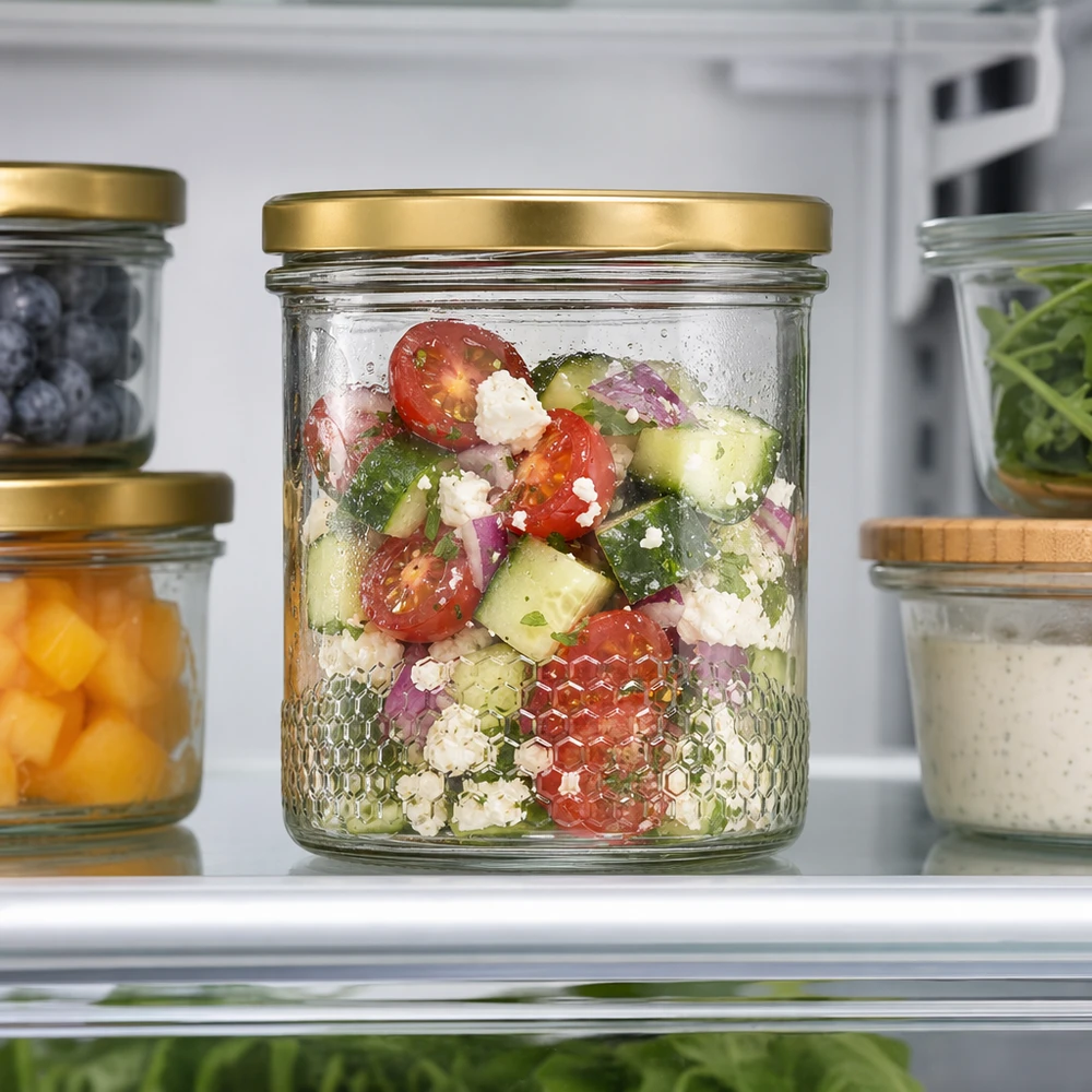400ml Honigglas mit BasicSeal Deckel gold UNiTWIST als Salatglas im Kühlschrank mit griechischem Salat gefüllt
