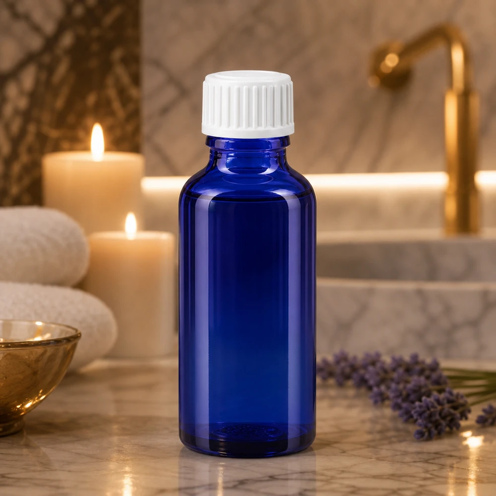 Apothekenflasche blau 30ml Schraubverschluss weiß Globuli Standard Zylindrische 30ml Blaугласflasche mit weißem Kindersicherheitsverschluss in Wellnessumgebung