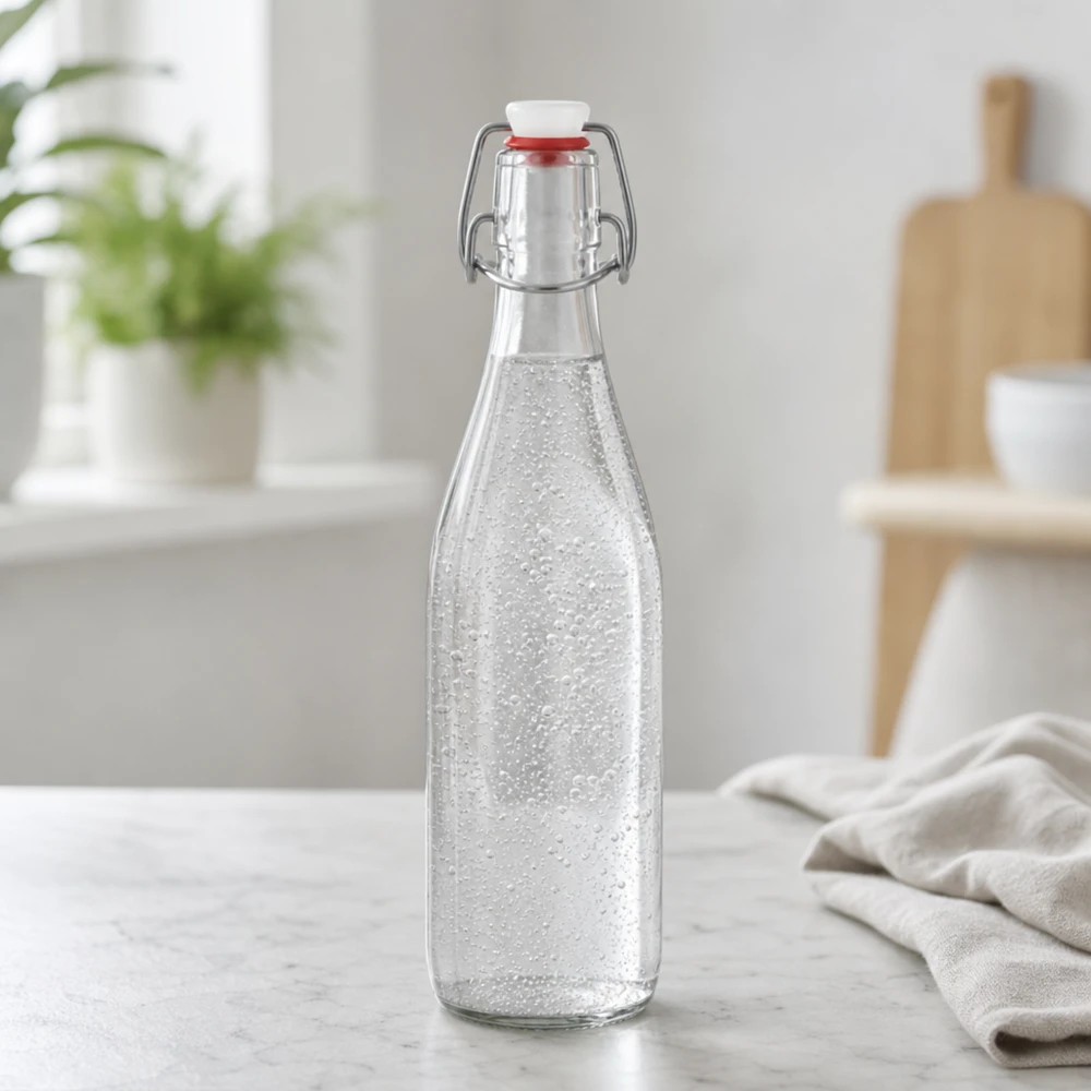 500ml Glasflasche Bügelverschluss mit Sprudelwasser befüllt moderne Küche Trinkflasche Wasserflasche Kohlensäure