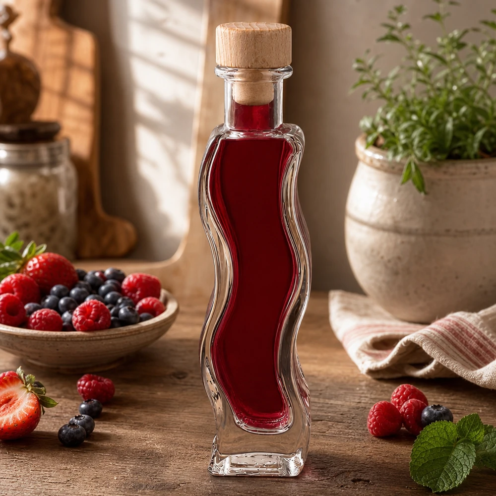 100ml Glasflasche "Melissa" mit Holzgriff-Korken UNiTWIST 100ml Glasflasche Melissa mit Beerensaft gefüllt umgeben von frischen Erdbeeren Himbeeren Blaubeeren Holzkorken