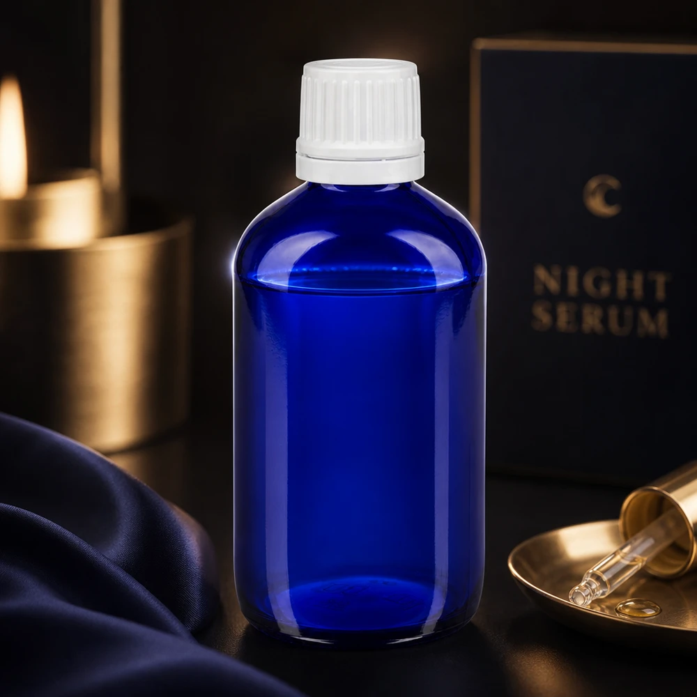 Pharmazeutische Blauglasflasche 20ml mit weißem Sicherheitsverschluss und Dosiertropfer