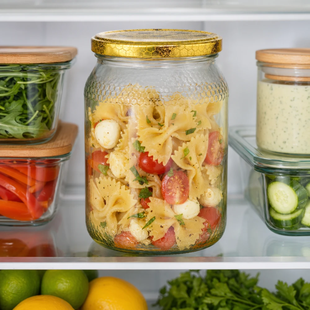 1260g Honigglas + BasicSeal Deckel Bienenwabe UNiTWIST 900ml Honigglas mit goldenem Bienenwaben-Deckel zur Nudelsalat-Aufbewahrung im Kühlschrank zwischen anderen Vorratsgläse