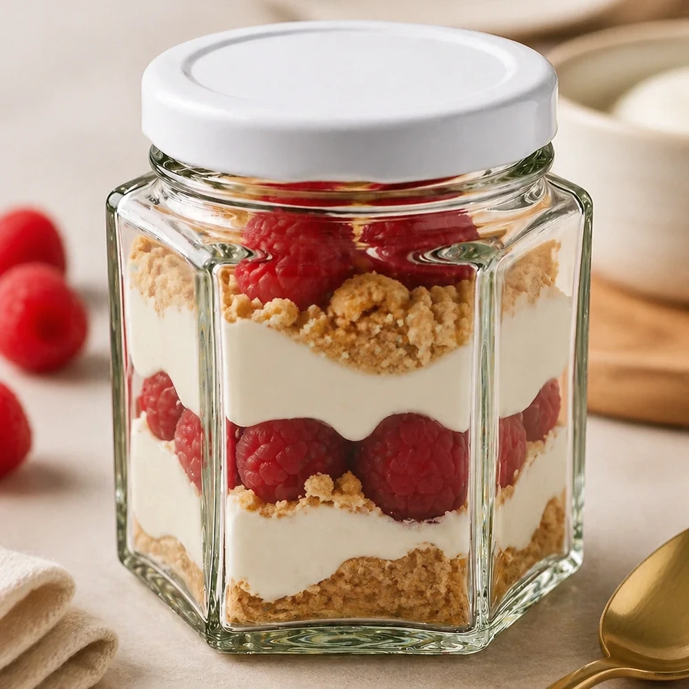 47ml Hexaglas mit BasicSeal Deckel weiß UNiTWIST 47ml Hexaglas mit weißem BasicSeal Deckel als Dessertglas mit Schichtdessert aus Beeren und Creme befüllt