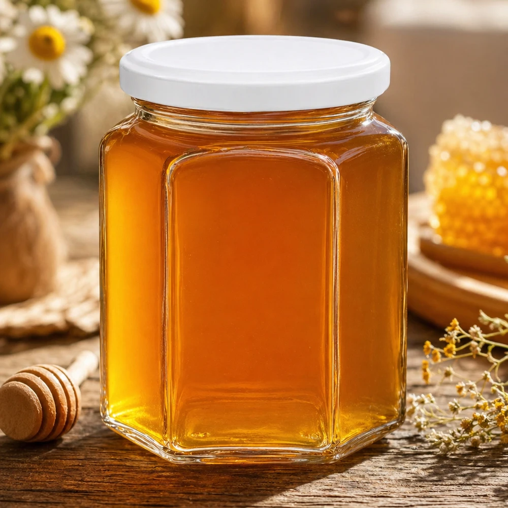 400g Honigglas hexagonal mit goldgelben Honig befüllt umgeben von Bienenwachs und Kamille auf Holztisch