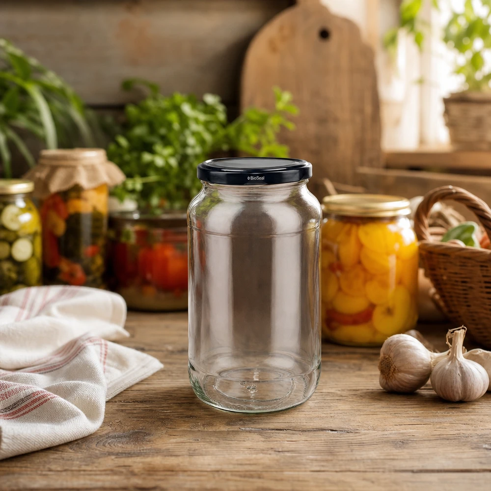 1062ml Rundglas mit BioSeal Deckel schwarz UNiTWIST UNiTWIST Rundglas 1062 mit TO82 BioSeal Deckel in rustikaler Küche mit Einmachgläsern und Kräutern