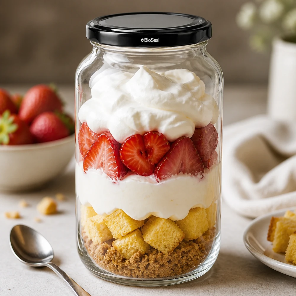1062ml Rundglas mit BioSeal Deckel schwarz UNiTWIST UNiTWIST Rundglas 1062 mit schwarzem TO82 BioSeal Deckel als Dessertglas mit Erdbeeren und Sahne Schichtdessert