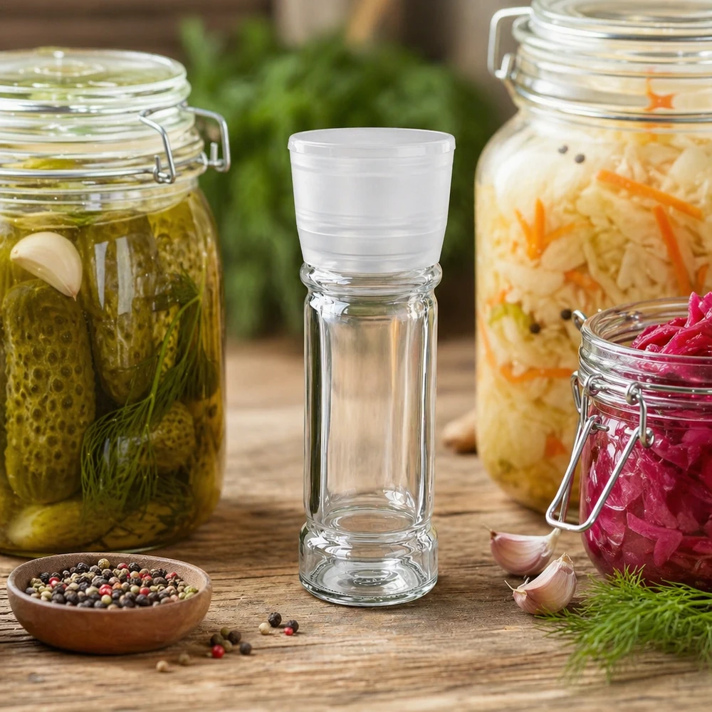 Kompakte Gewürzmühle 100ml aus Glas mit Kunststoffaufsatz für Salz und Pfeffer