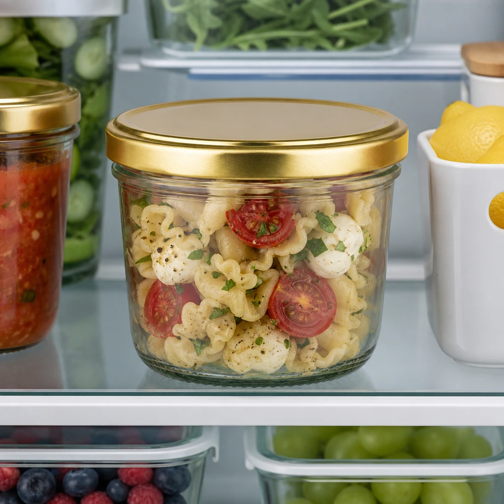 230ml Sturzglas mit BasicSeal Deckel gold UNiTWIST 230ml Sturzglas BasicSeal gold im Kühlschrank mit Nudelsalat gefüllt neben anderen Vorratsbehältern