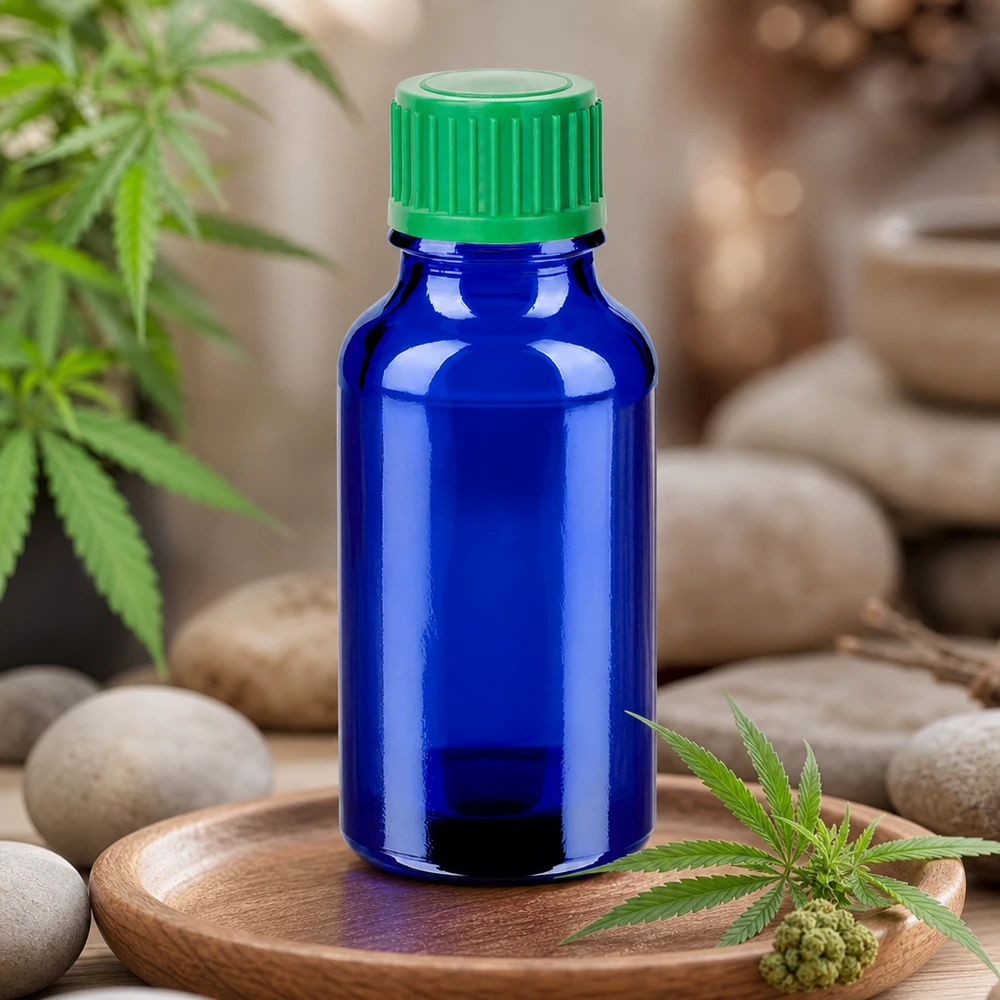20ml Tropfflasche 0.8mm grün Standardverschluss BlueLine UT18/20 20ml blaue Tropfflasche mit umweltfreundlichem Glasmaterial und recycelbarem grünem Verschluss