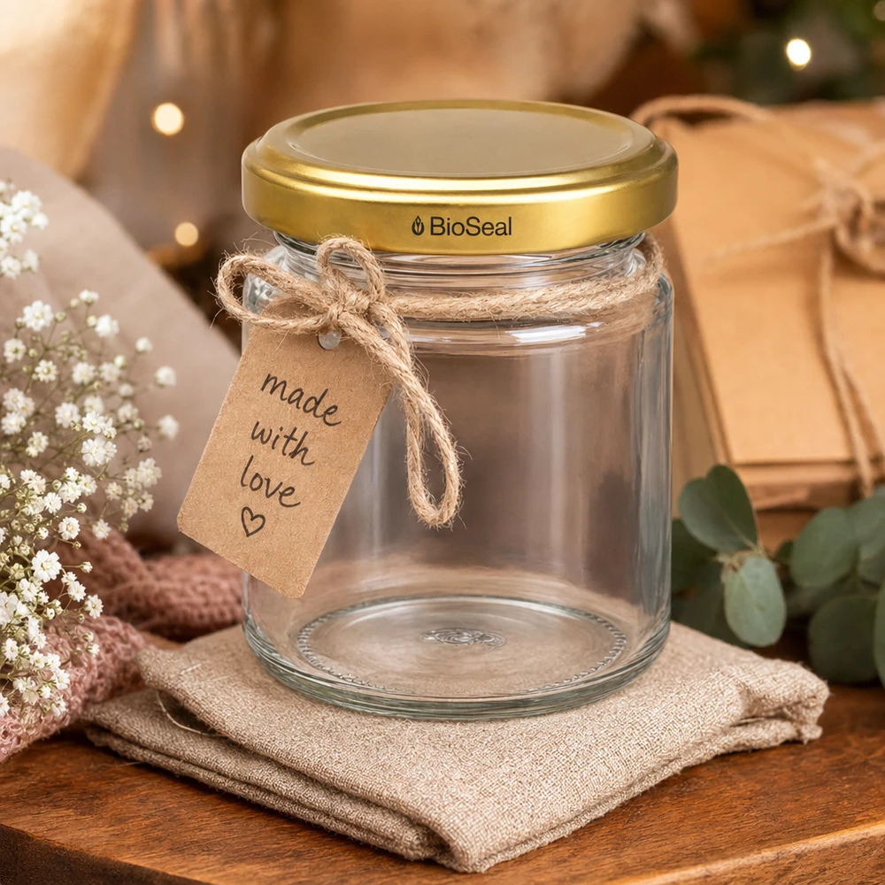 53ml Rundglas mit BioSeal Deckel gold UNiTWIST UNiTWIST Runda53 Geschenkglas mit goldenem TO43 BioSeal Deckel und handgeschriebenem Anhänger Made with Love