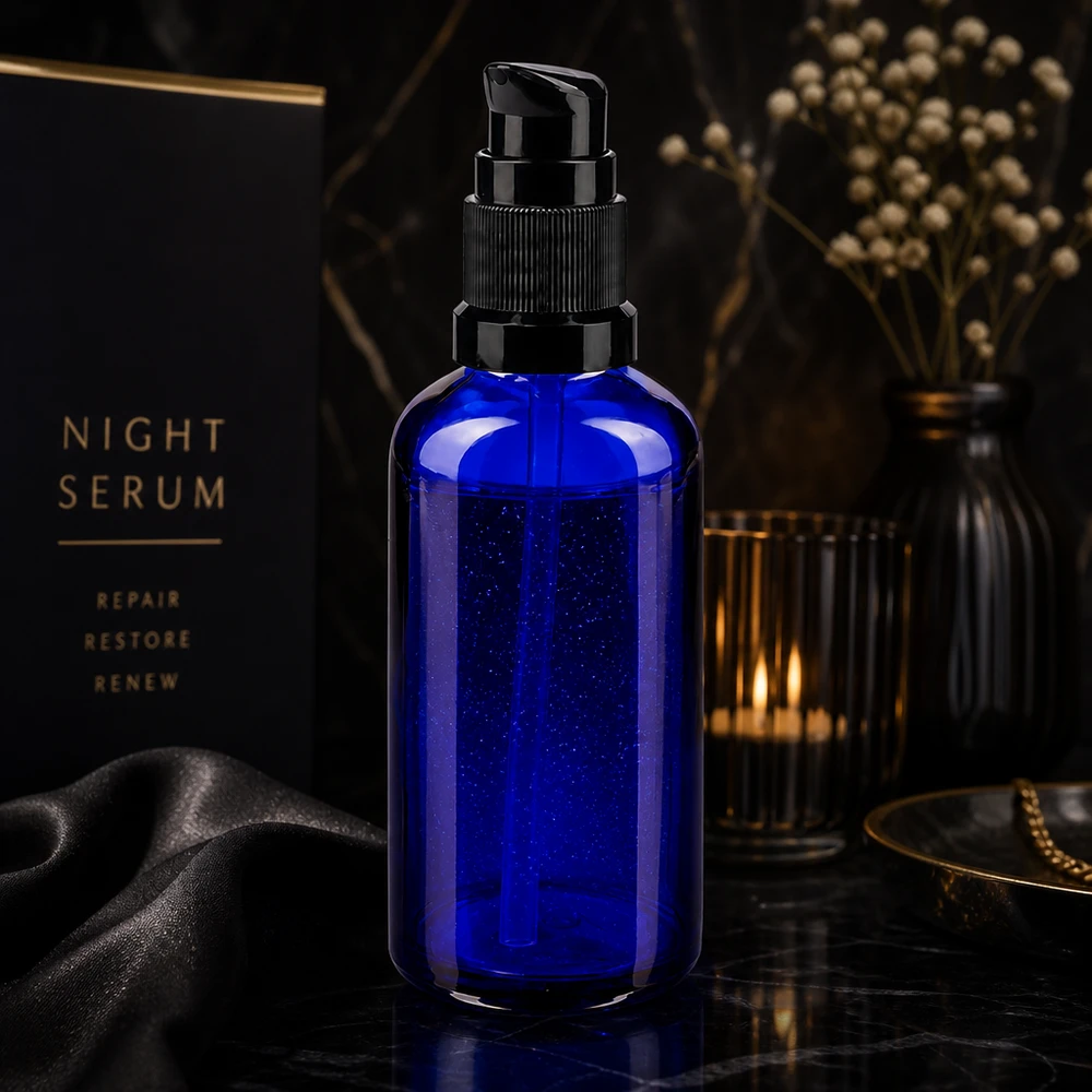 Apothekenflasche blau 50ml PumpVerschluss schwarz Standard 50ml Pumpflasche aus UV-schützendem blauem Apothekerglas mit schwarzem Standardpumpkopf