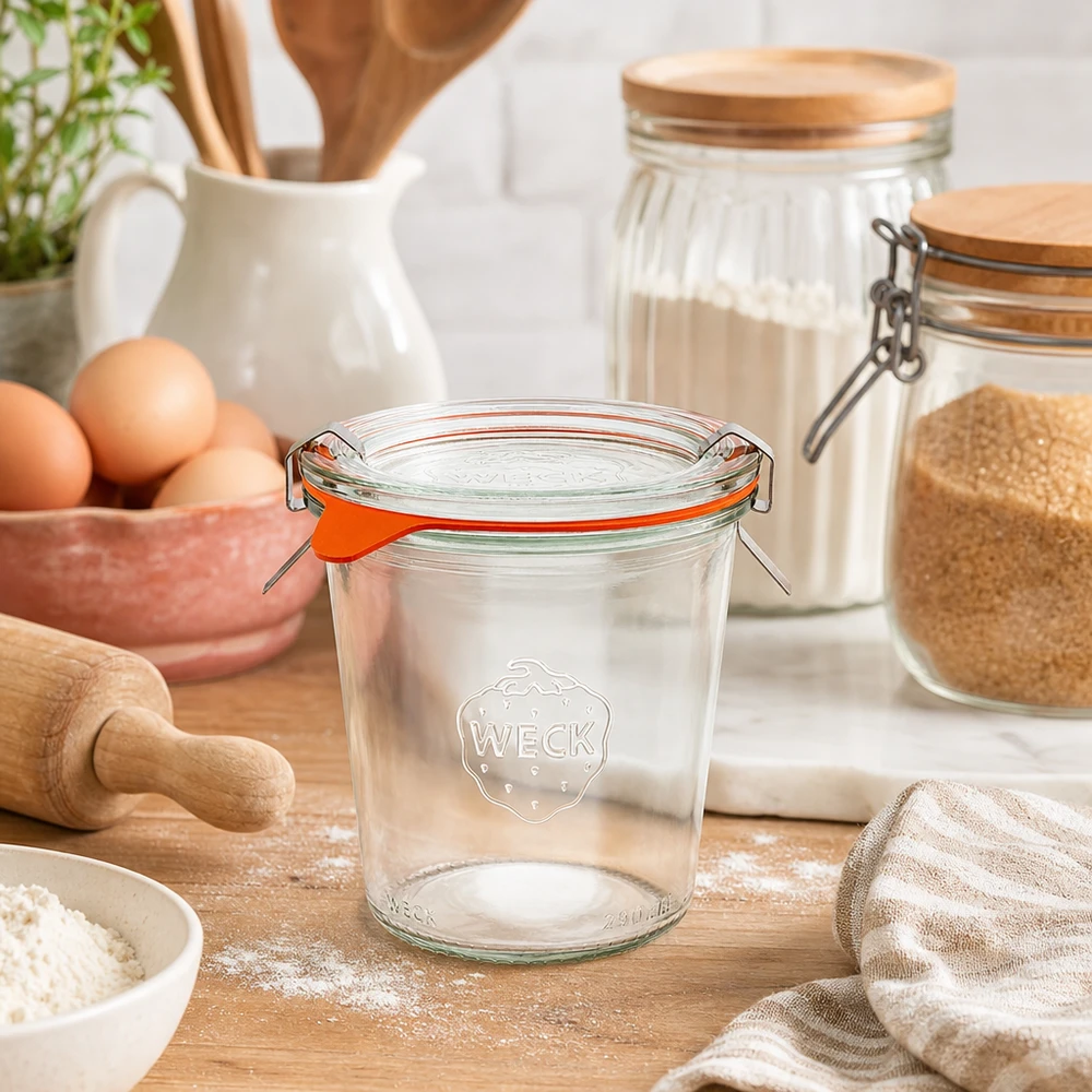 290ml Sturzglas hoch komplett WECK RR80 WECK Sturzglas 290ml RR80 leer in natürlicher Küchenumgebung mit Backzutaten Mehl Eiern und Holzutensilien