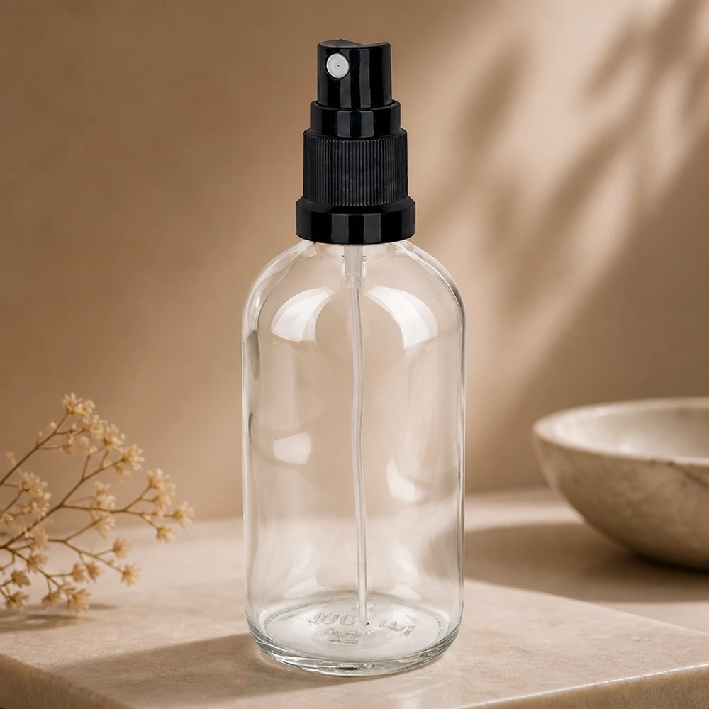 100ml Sprayflasche schwarz Standardverschluss ClearLine UT18/100 Stilvolle 100ml Miniatur-Sprayflasche aus transparentem Glas mit schwarzem Sprühkopf