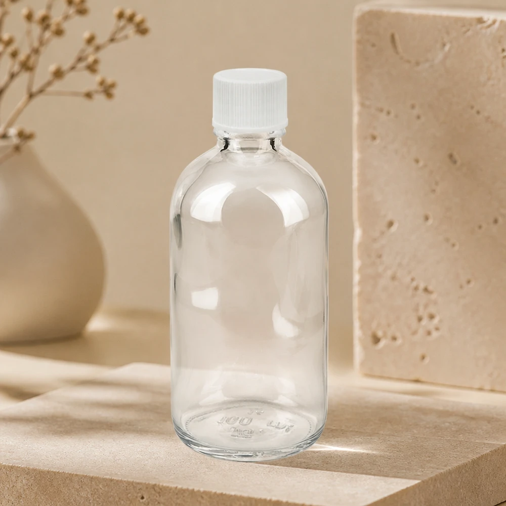 Schlanke 100ml Glasflasche ClearLine Serie weißer Sicherheitsdeckel 11mm Probenaufbewahrung