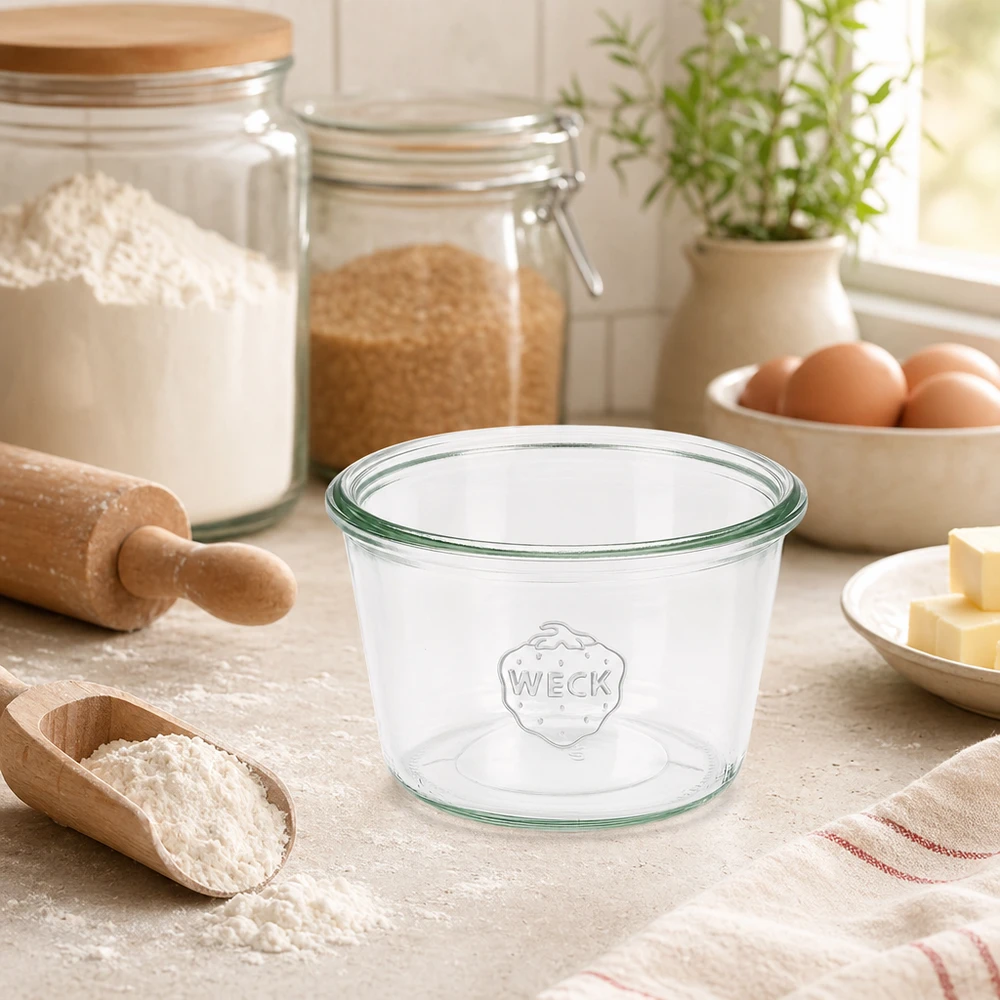 370ml Sturzglas WECK RR100 WECK Sturzglas 370ml RR100 aus Glas in Küche mit Backzutaten und Küchenutensilien
