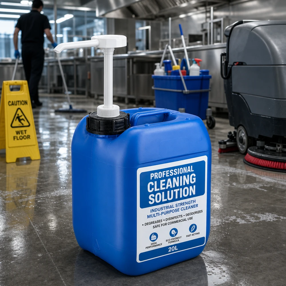 Kanister 5 Liter blau mit Dosierpumpe Blauer Chemikalienkanister mit Pumpaufsatz für gewerbliche Reinigungsmittel in Profiküche