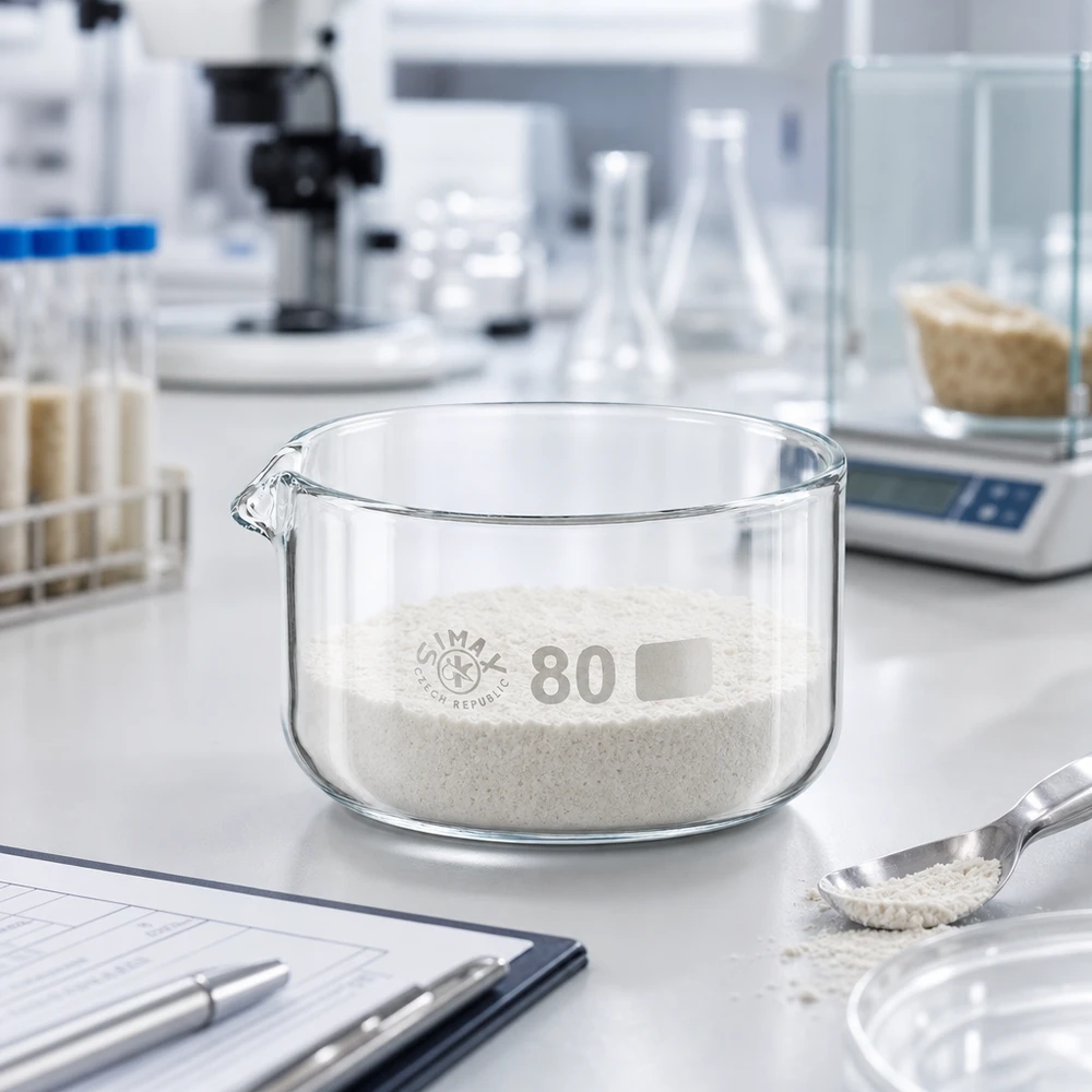 150ml Kristallisierschale mit Ausguss Borosilikat ø80mm Borosilikatglas Kristallisierschale 150ml bei Einwaage weißer Substanz im Analyselabor