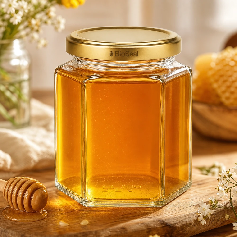 UNiTWIST Hexa390 Honigglas mit goldenem TO70 BioSeal Deckel neben Honigwabe und Honiglöffel auf Holztisch