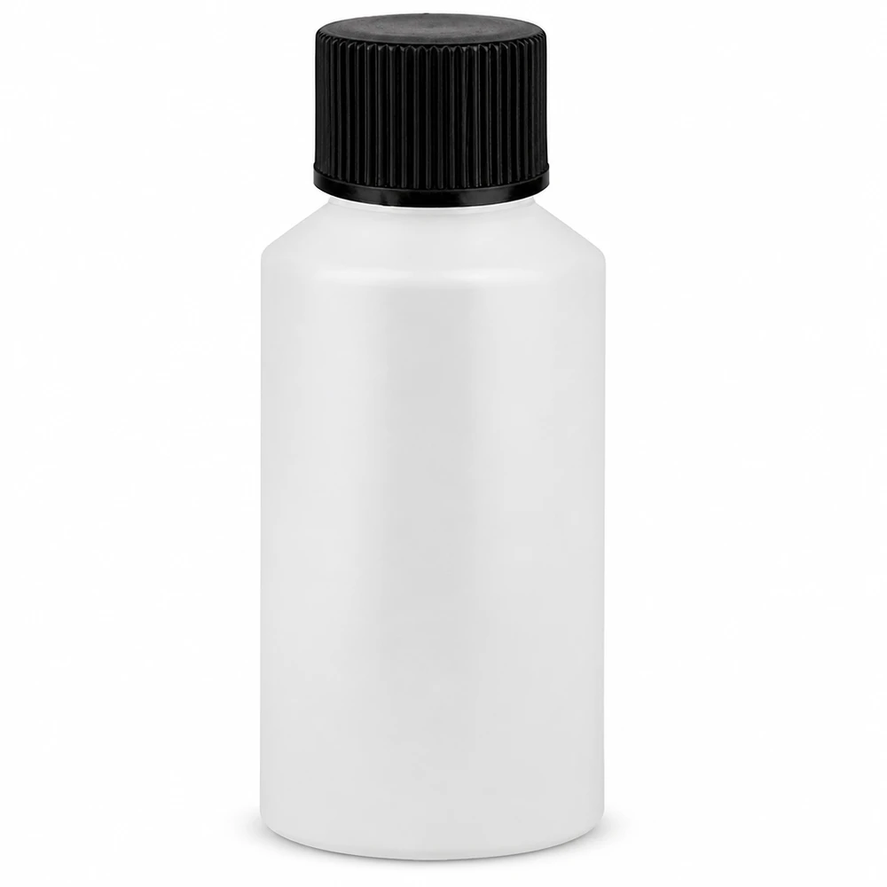 Kompakte Apothekenflasche aus lebensmittelechtem HDPE 50ml weiß mit schwarzem Verschluss