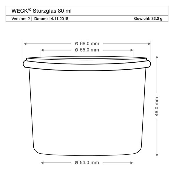 80ml Sturzglas WECK RR60 mit Korken natur Technische Zeichnung WECK Sturzglas 80ml RR60 mit Maßangaben Durchmesser 68mm Höhe 46mm für perfekte Küchenplanung
