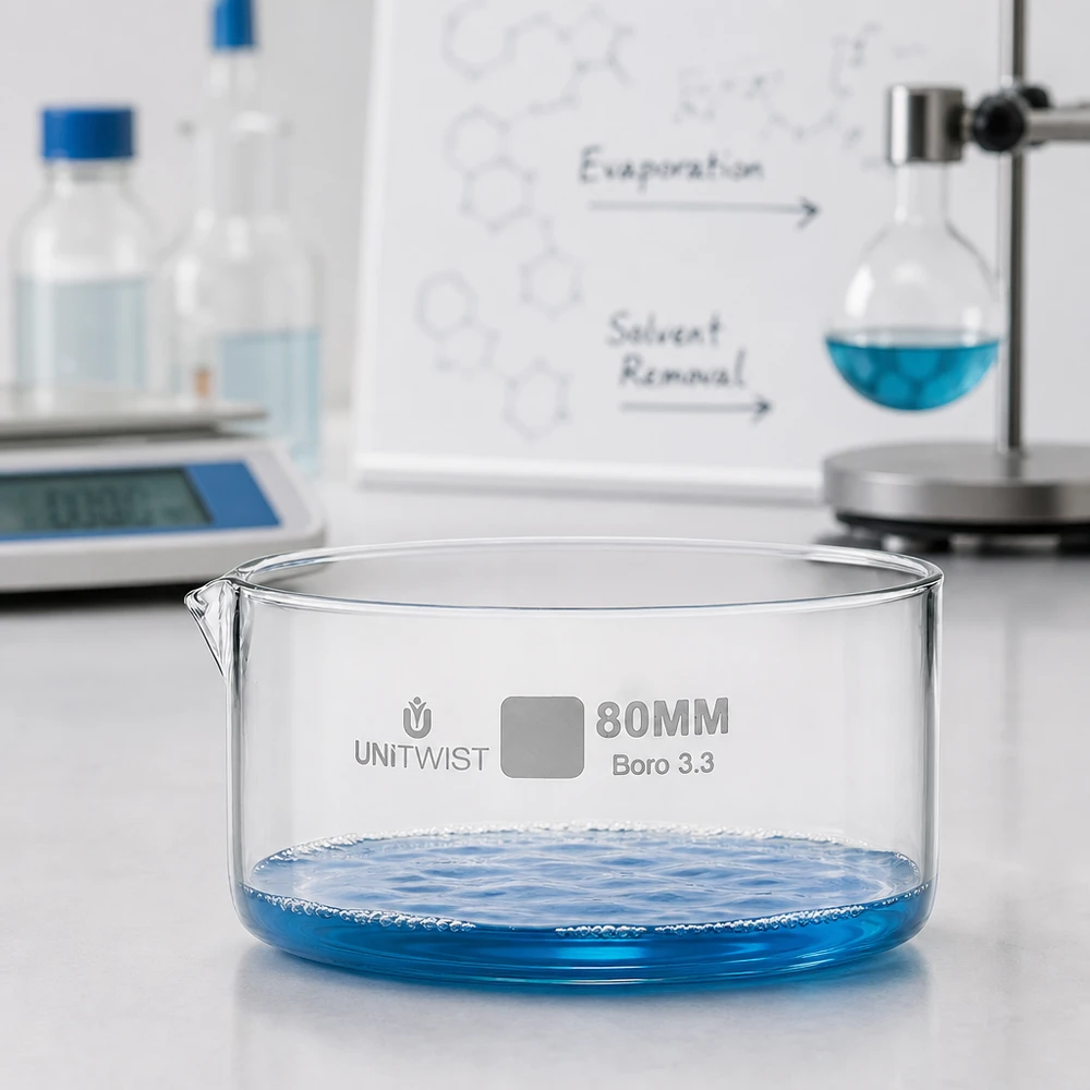 Kristallisierschale ø80mm Borosilikatglas UNiTWIST UNiTWIST Laborschale aus Boro 3.3 Glas ø80mm mit wellenförmiger blauer Flüssigkeit