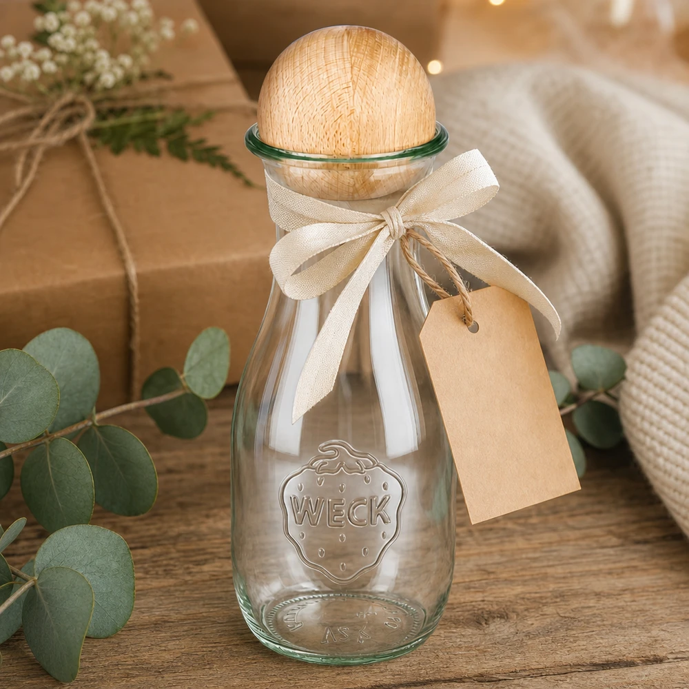 WECK Saftflasche 530ml als Geschenk verpackt mit Schleife und Anhänger neben Eukalyptus und Dekoration