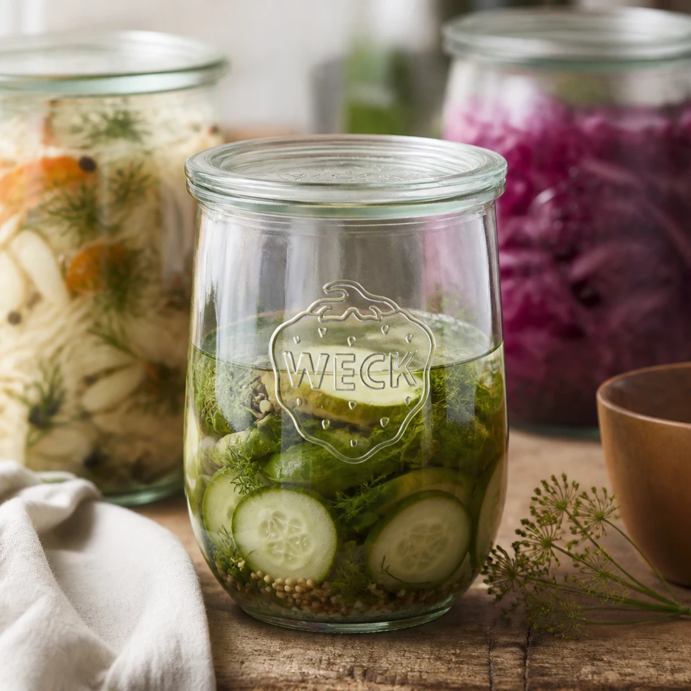 WECK Tulpenglas 1062ml eingelegte Gurken Dill Gewürze fermentiertes Gemüse RR100 Glasdeckel Konservierung
